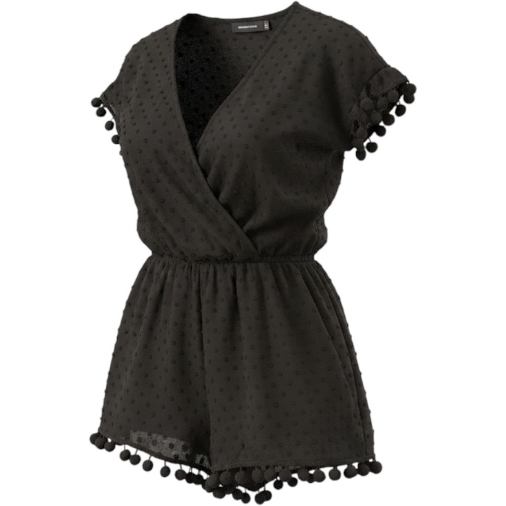 Minkpink Black Swiss Dot Pom Pom Trim Wrap Romper Small